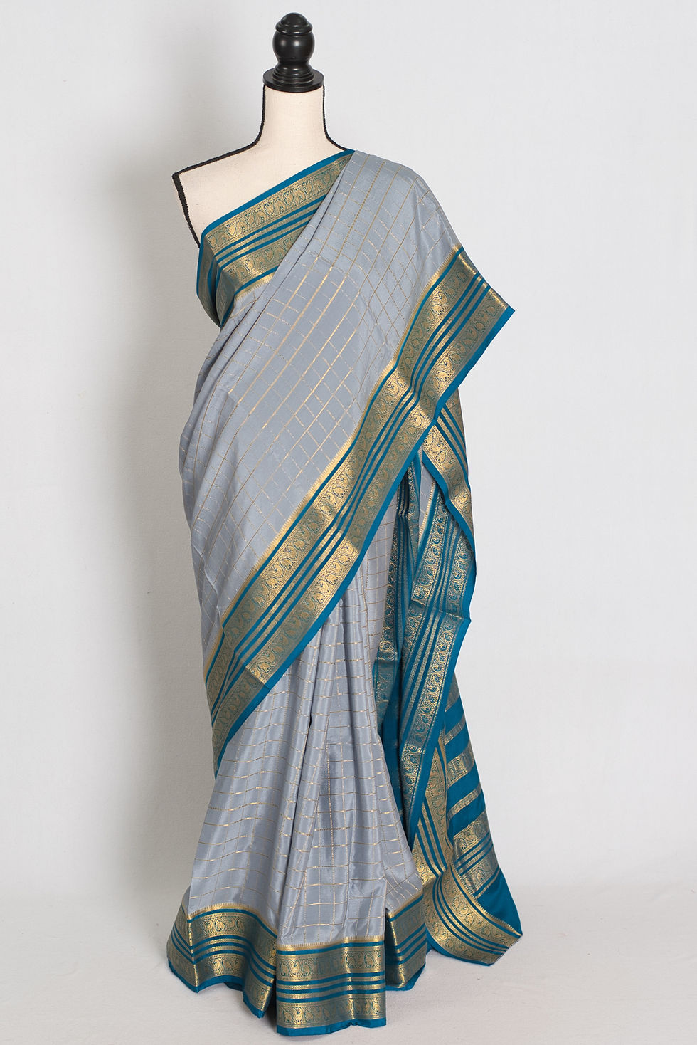 Front full-length view of the gray and blue premium Mysore crepe silk saree on a mannequin.