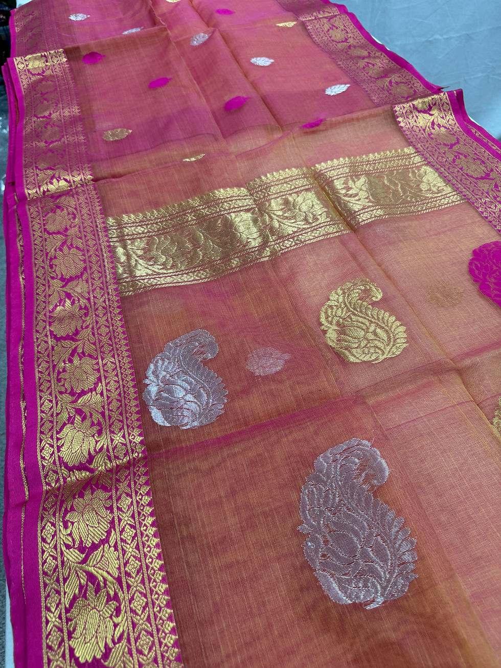 Prerna : Peach and Pink Semi Muslin Banarasi Saree