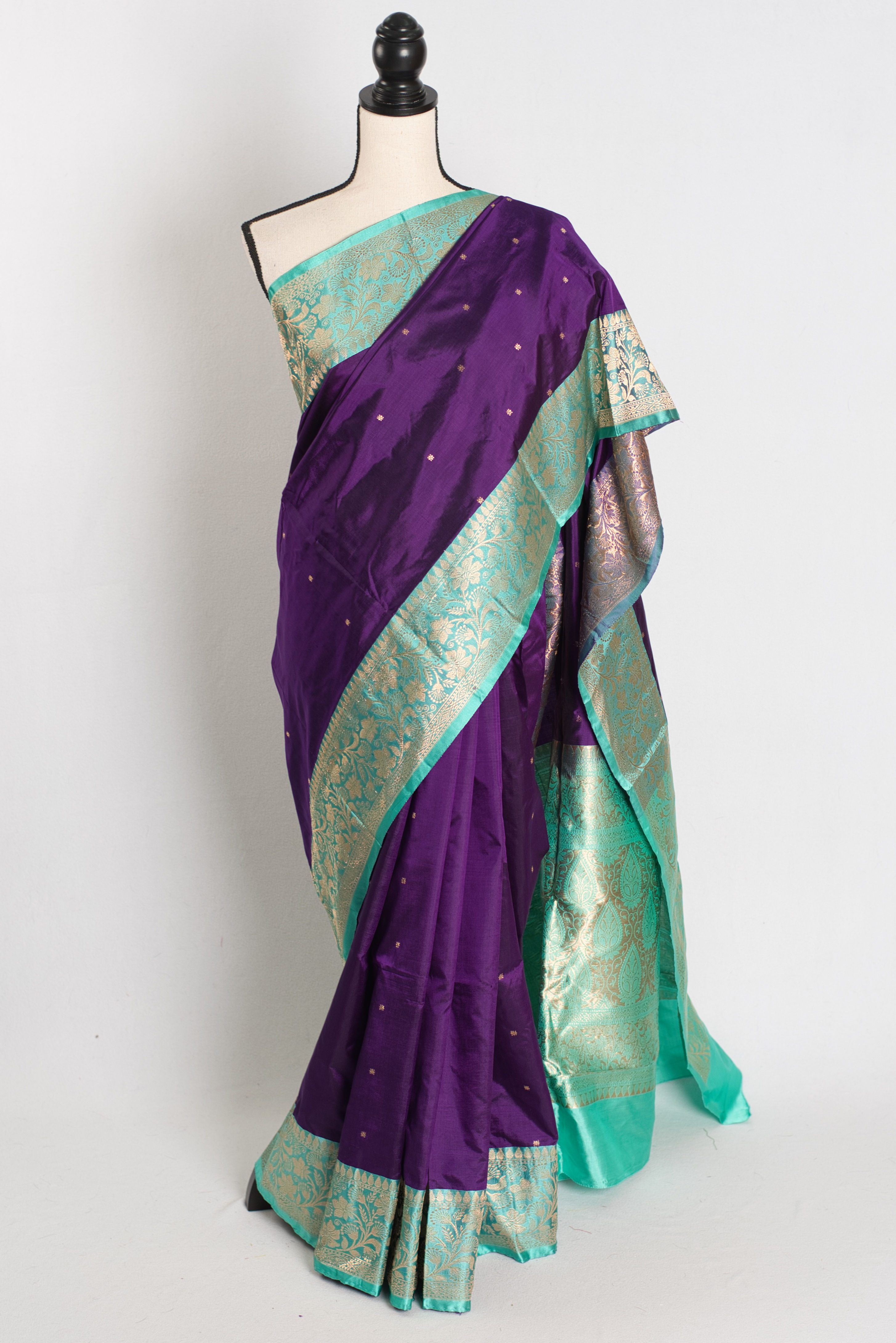 Mili : Silk Mark Certified Katan Banarasi Saree in Purple and Sea Green
