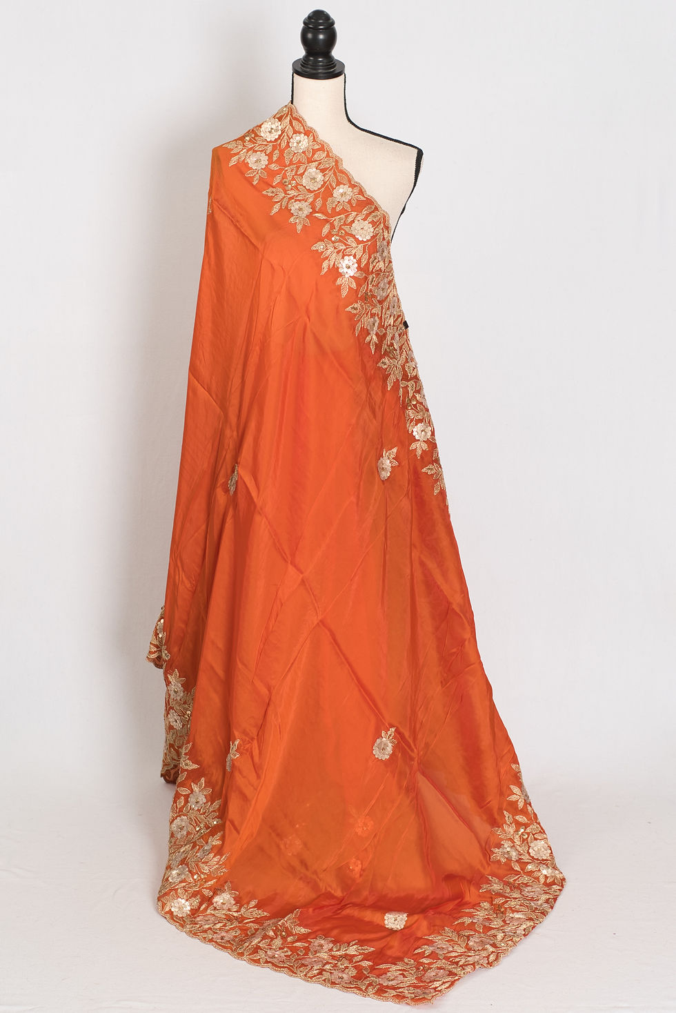 Thumbnail: Suman rusty orange soft flowy organza silk saree with gold Gota Patti hand-embroidery and size 36 stitched blouse.