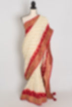 Front full-length view of the off-white and maroon crepe georgette Banarasi saree draped on a mannequin.