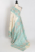 Mohor Cream and Blue Tussar silk saree featuring premium hand-embroidered Kantha stitch