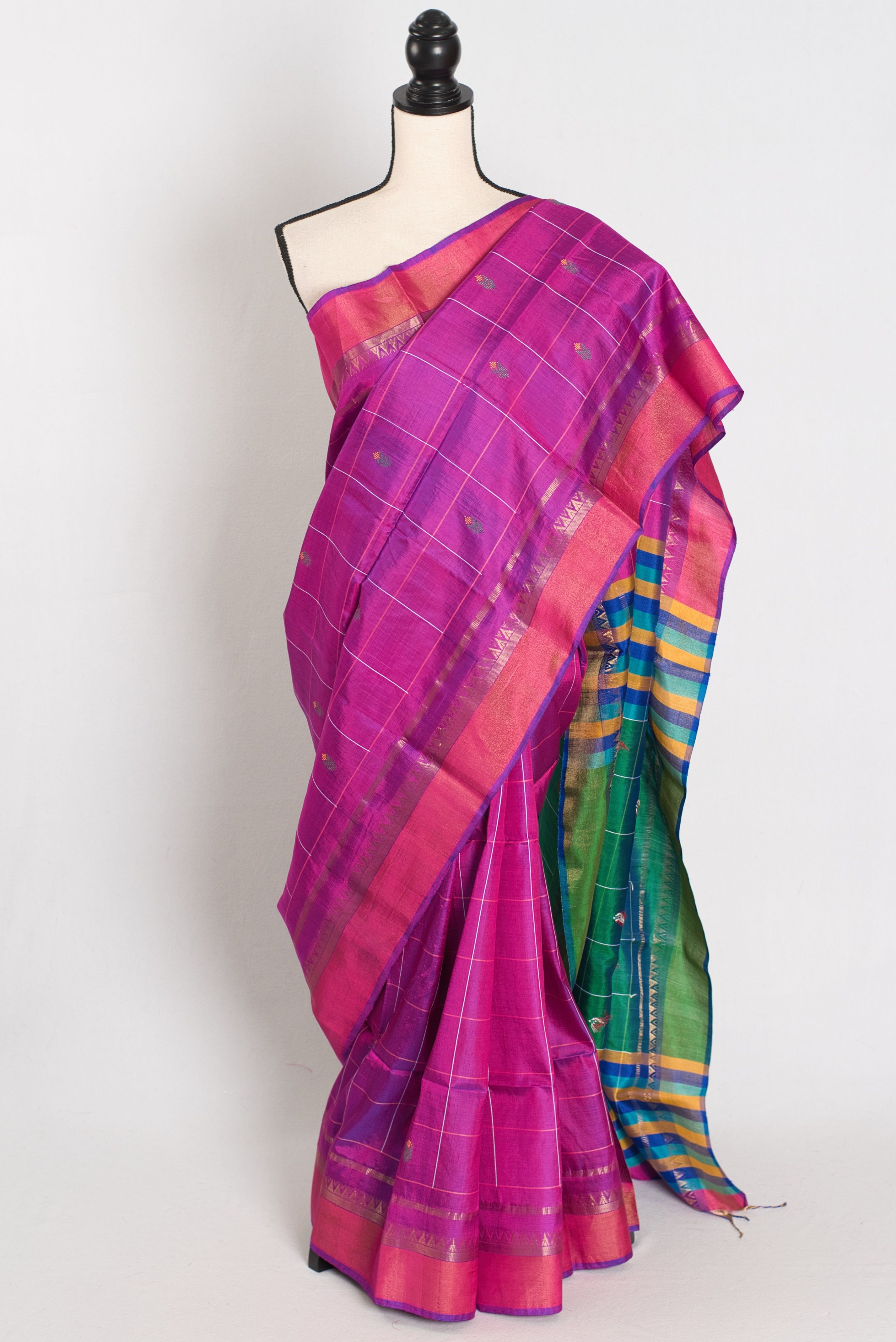 Purple & green checkered katan silk saree; lightweight Bishnupur handloom for weddings. Fast free shipping from within USA.