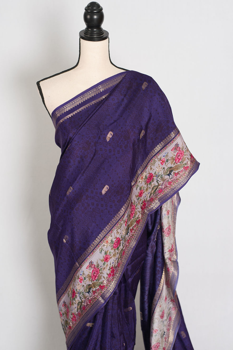 Thumbnail: Deep aubergine purple dola silk saree with a contrast mauve border featuring digital floral prints and a fine gold zari frame