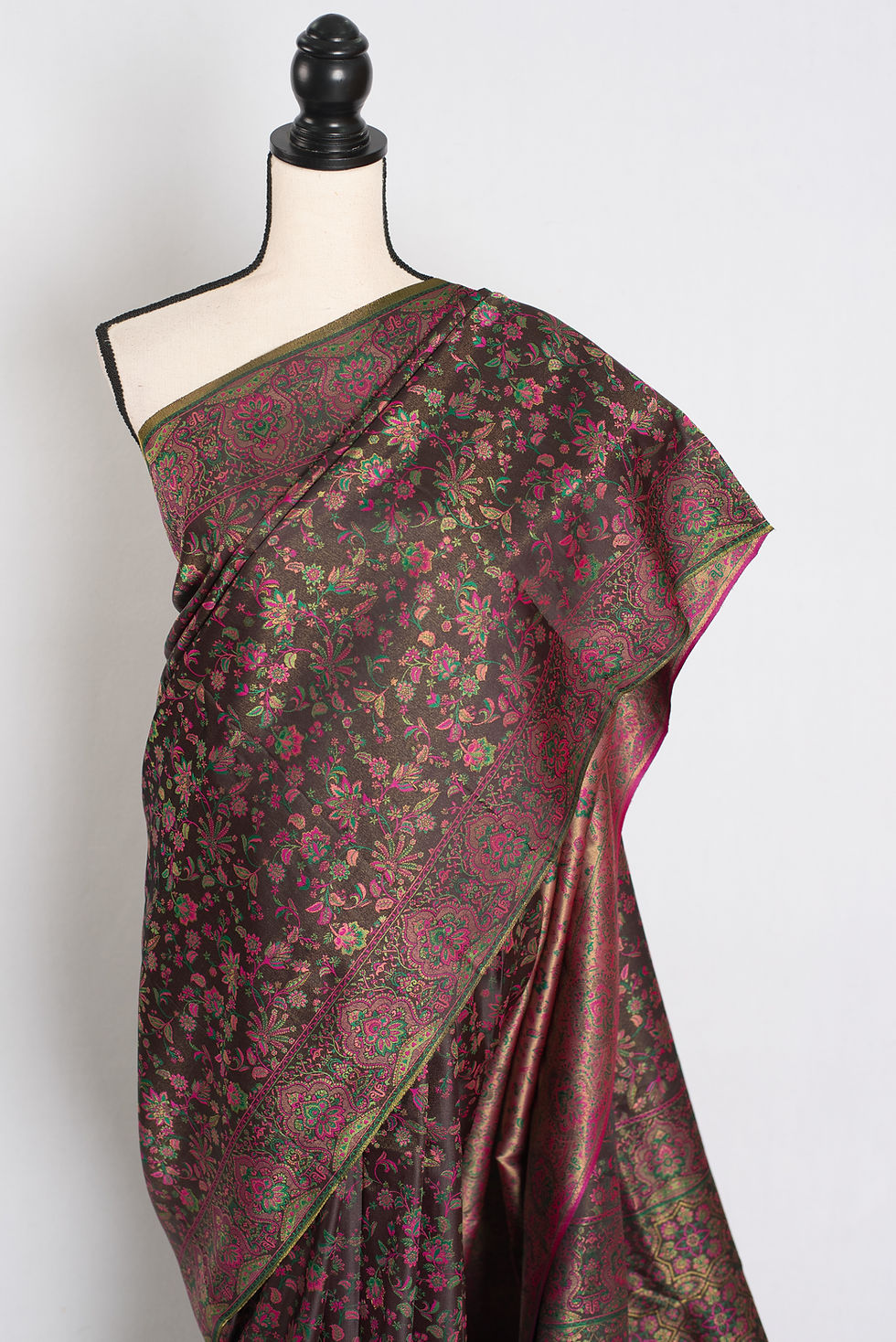 Thumbnail: Brown Semi Mashru Silk Jamawar Banarasi Saree with Intricate All-over Floral Weaving.