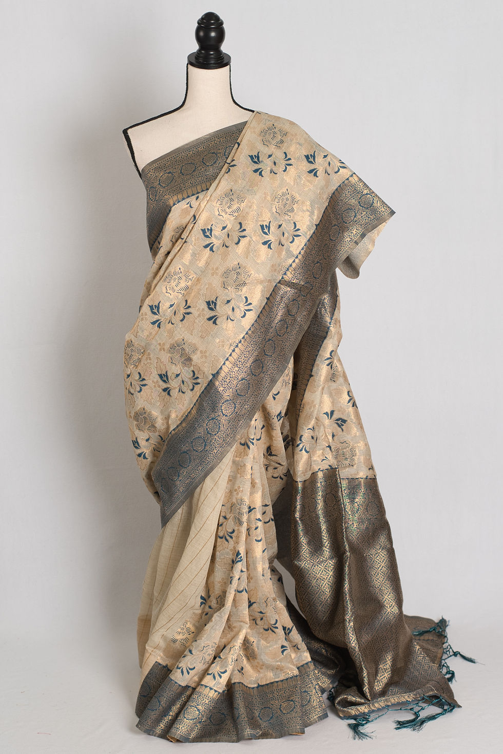 Jamini: Budget Friendly Blended Cotton Banarasi Saree in Beige and Blue