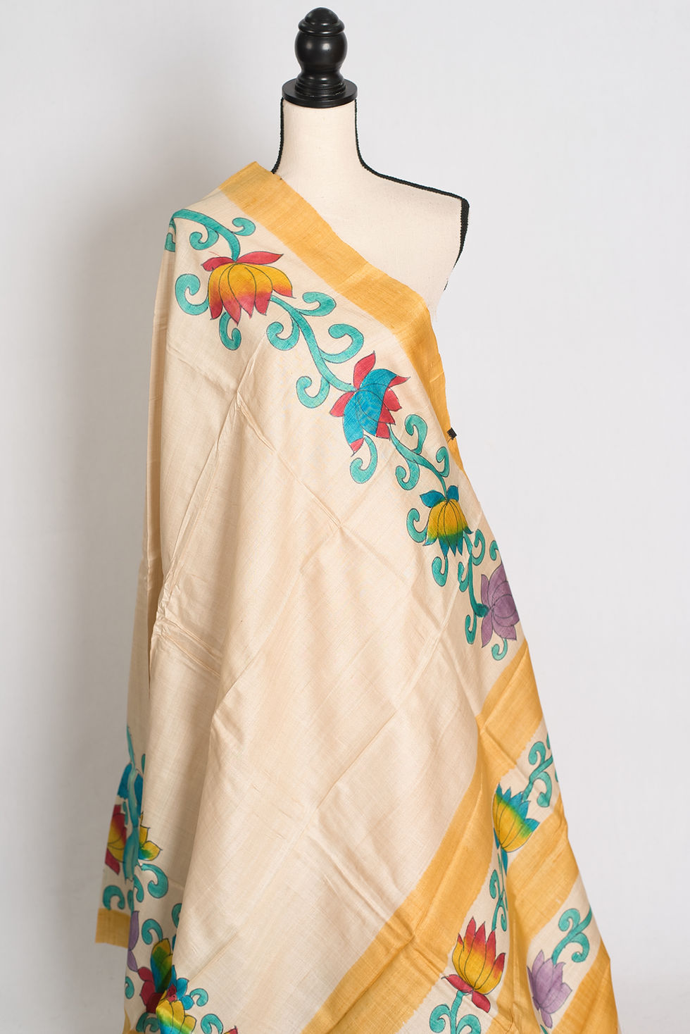 Thumbnail: Mala : Hand Painted Kalamkari Tussar Silk Saree in Cream and Yellow