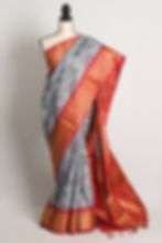 Semi Silk Pochampally Saree in Gray and Red