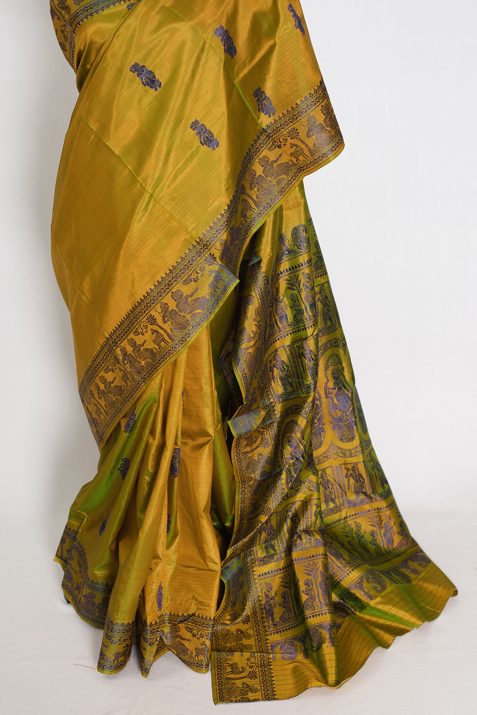 Thumbnail: Front full-length view of the heena green handwoven Bishnupuri Baluchari pure silk saree draped on a mannequin.