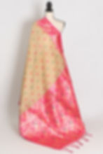 Beige blended cotton Baluchari saree with a vibrant pink border on a mannequin, traditional Bengali look.