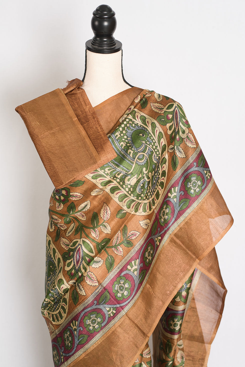 Thumbnail: Rama-Brown-Kalamkari-Tussar-Silk-Saree-Silk-Mark-Certified-Authentic