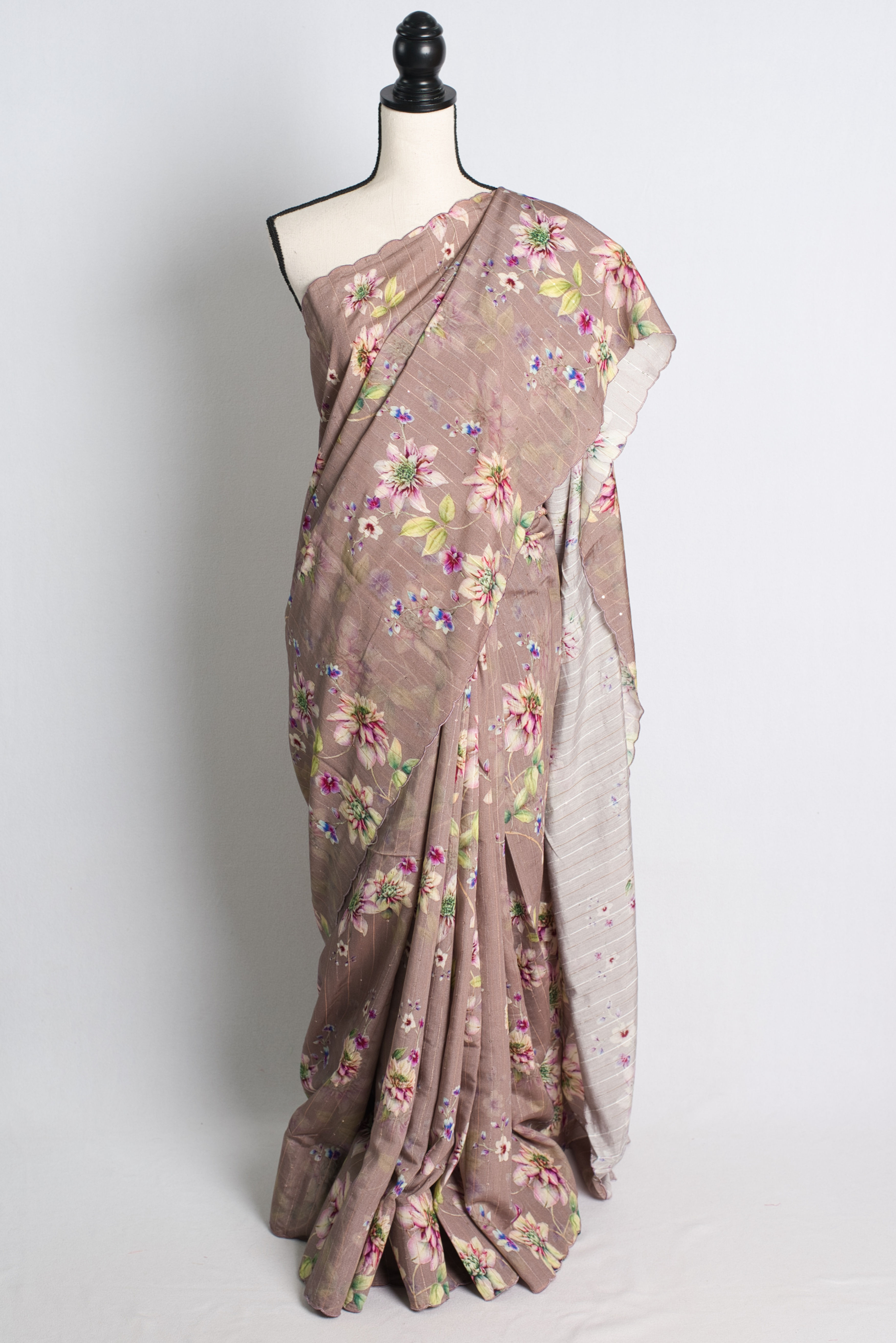 Dusty Mauve Floral Munga Cotton Saree with Woven Sequins