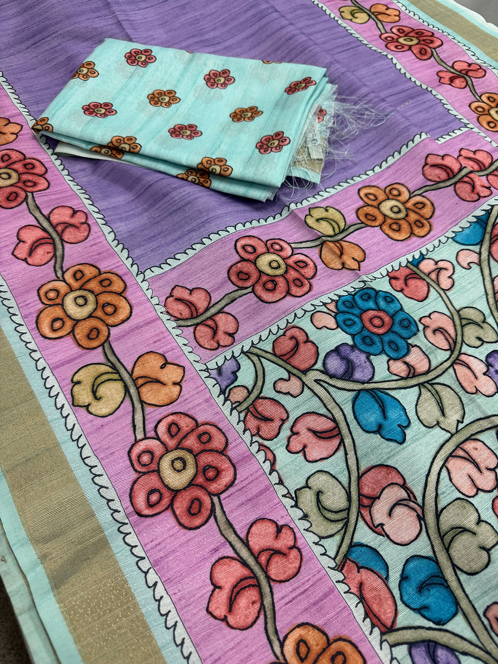 Ila collection Purple Semi Tussar Saree with sky blue Kalamkari floral print and gold border.