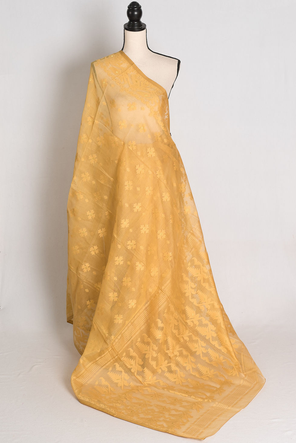 Beige and gold soft blended cotton Bengali Jamdani saree featuring tone-on-tone floral motifs.