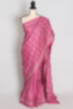 pink pure Bangalore silk saree featuring beige hand-embroidered Kantha stitch floral geometric patterns draped on a mannequin