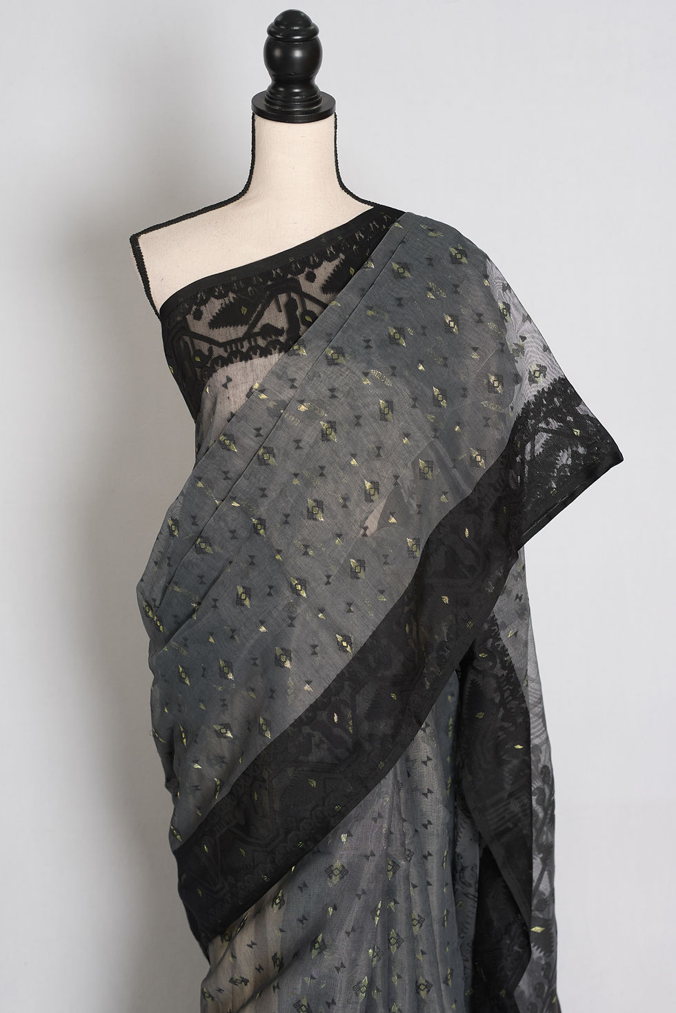 Thumbnail: Charcoal grey soft blended cotton Bengali Jamdani saree with black woven motifs.