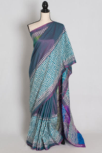 Tri-color Bishnupur blended silk saree featuring hand embroidered white Kantha stitch diamond patterns.