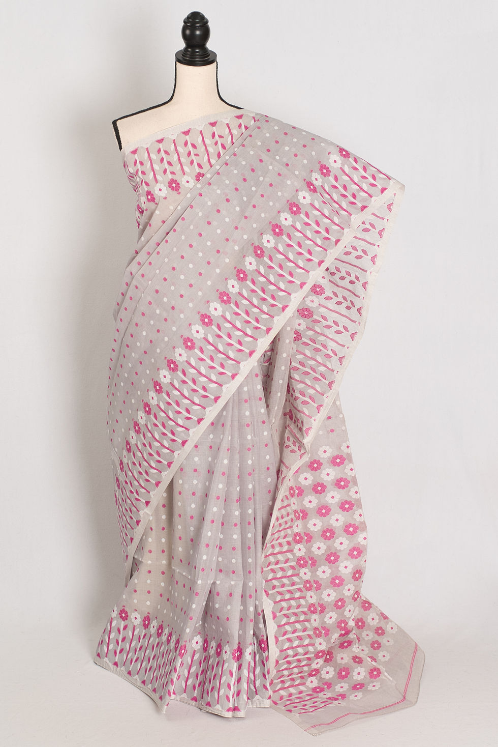 Geeta Gray and Pink 100% pure cotton Jamdani saree with white floral borders draped on a mannequin.