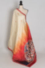 Thumbnail: Traditional Durga Puja semi-silk saree draped to show the pallu, featuring intricate printed illustrations of Goddess Durga.