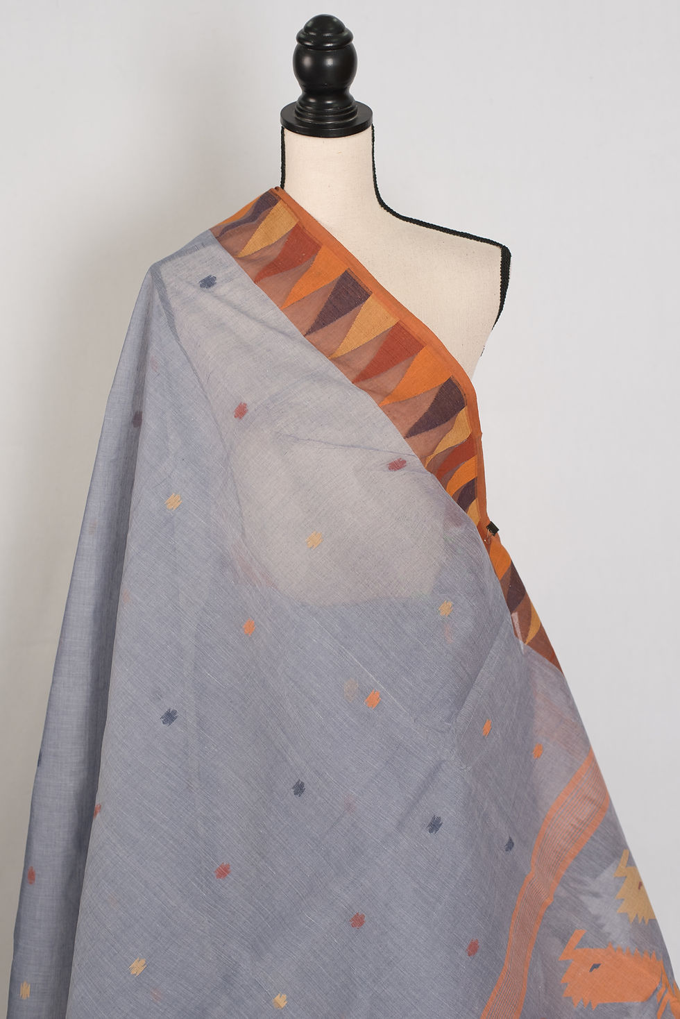 Thumbnail: Rai Grey and Brown 100% pure cotton Jamdani saree with temple border design on a mannequin.