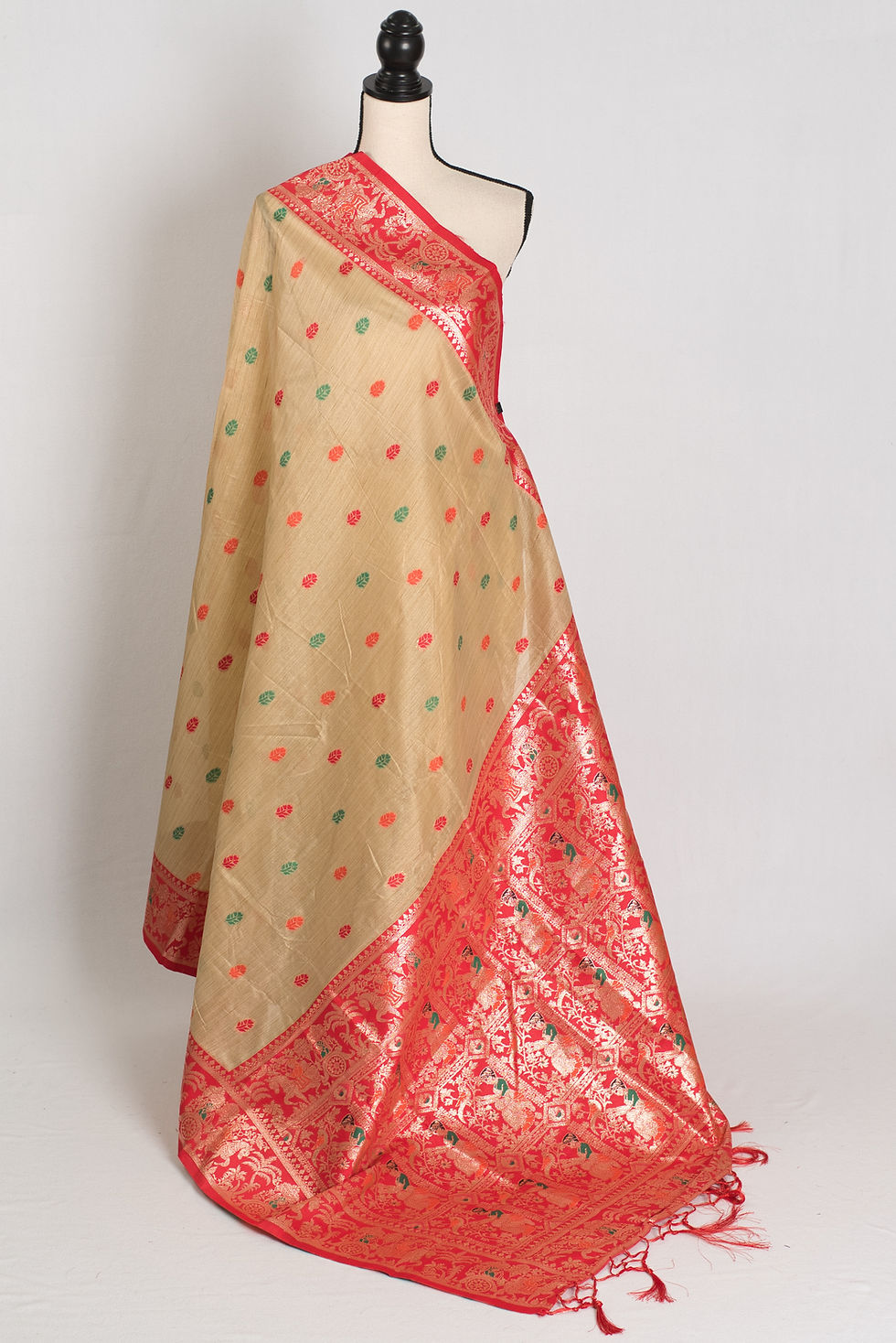 Mritika: Budget Friendly Blended Cotton Baluchari Saree in Beige and Red