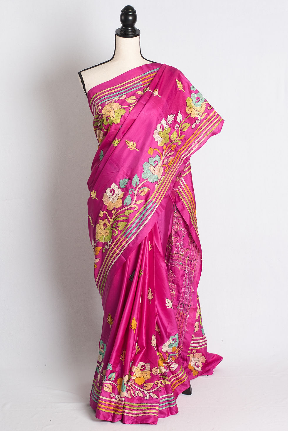 Fuchsia Glory - Pink Hand Embroidered Blended Silk Kantha Saree