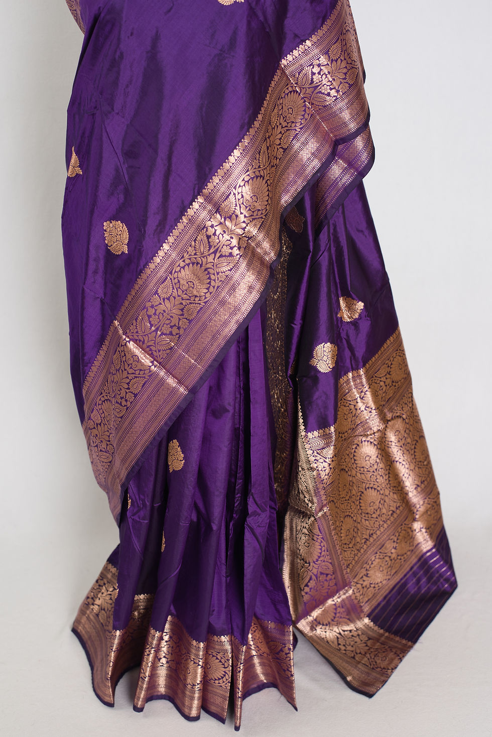 Thumbnail: Purple pure katan silk Banarasi saree with antique gold floral butas and Silk Mark certification, shipped from Edison, NJ