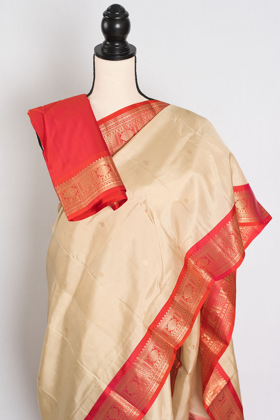 Thumbnail: Clay white Kanjivaram silk saree with a coral pink gold zari border (Mohini Collection).