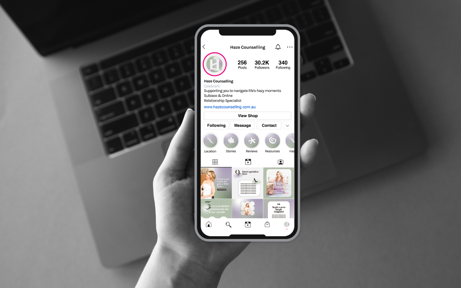 Haze Counselling Instagram mock up designed by Nicole of Cannect Communications in Perth