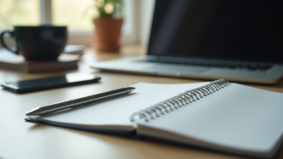 Eye-level view of a modern workspace with a laptop and a notebook