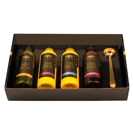 Now you can have all of our Superfood Elixirs in your home, or give the gift of goodness to family and friends.

This pack contains 300 ml bottles of each of our Original and Unsweetened Golden Turmeric Elixir, Maho Matcha and Beyond Beetroot.

Each bottle will make 20 drinks and the pack comes with a gold measuring spoon to ensure you get just the right amount of immunity boosting goodness in every drink.