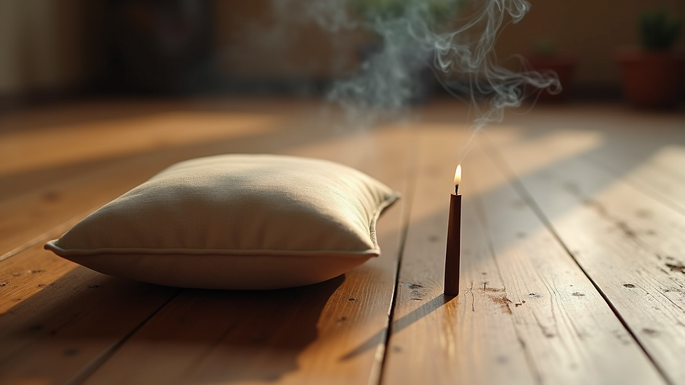 Close-up view of a meditation cushion and incense stick on a wooden floor