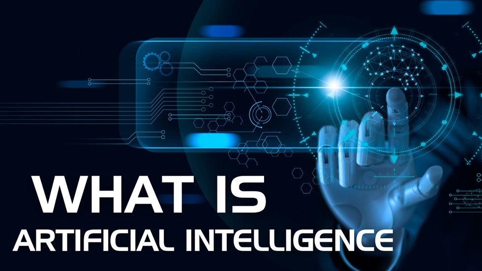 Robotic hand interacting with a digital interface, glowing circuits, and a globe hologram. Text: "WHAT IS ARTIFICIAL INTELLIGENCE."