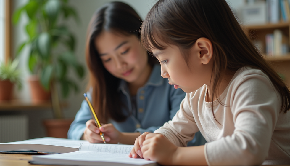 A parent helping her child read. 