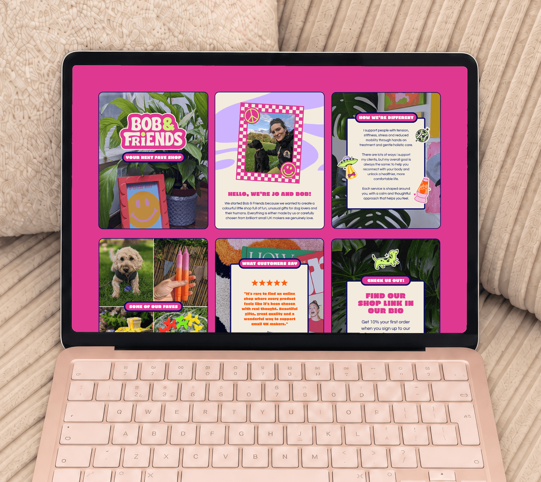 Colourful small business social media grid featuring pink branding, customer reviews, product photography and engaging promotional content.