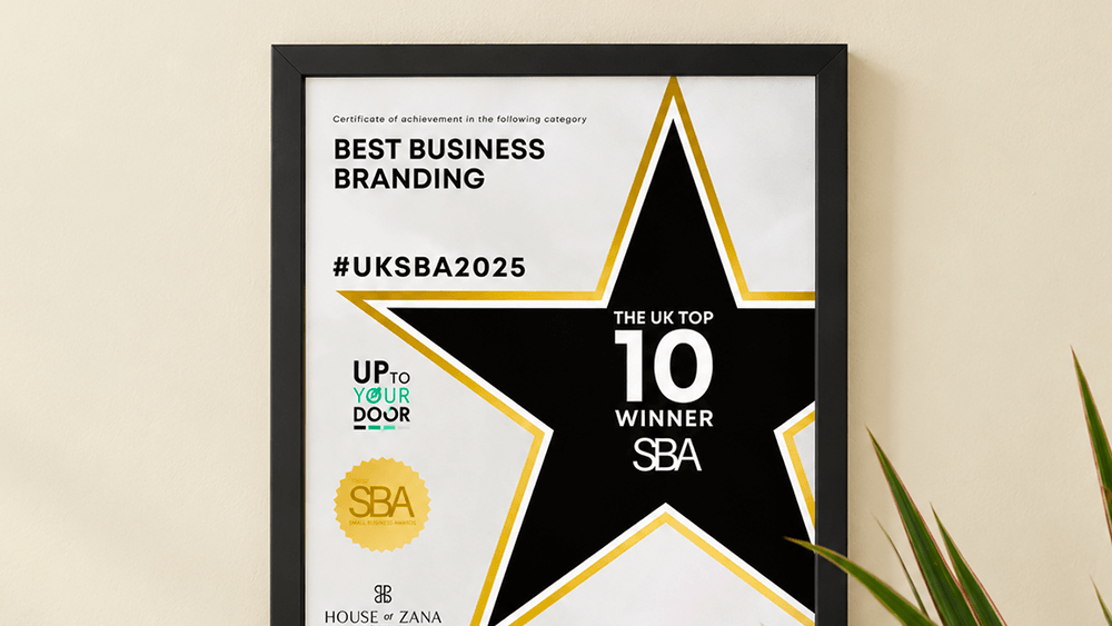 Framed Small Business Awards certificate for Best Business Branding, recognising Hi This Is Bry as a UK top 10 winner.