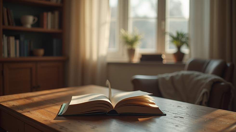 Eye-level view of a cozy reading nook with a stack of books