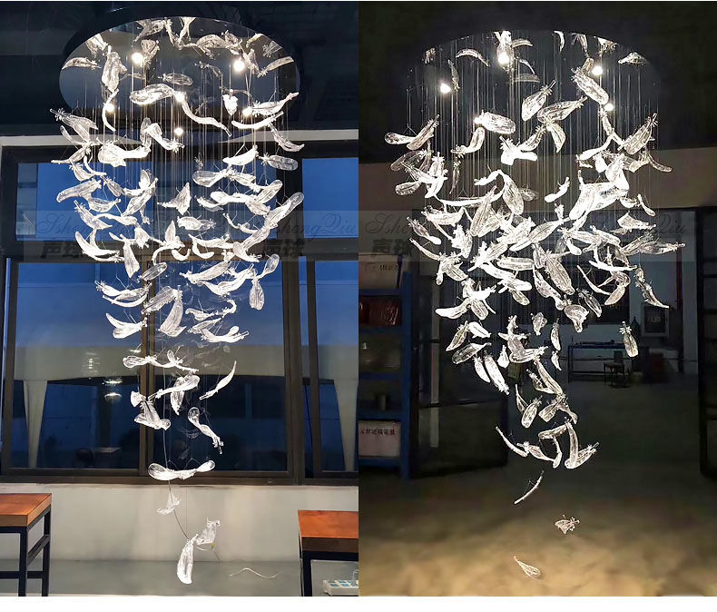 Thumbnail: Hotel Project Lobby Large Feather Chandelier Post Modern Glass Lamp Tea