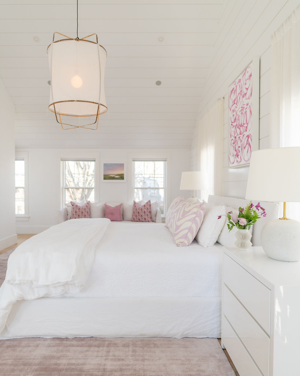 Pink and white bedroom. Bold Lighting. Nantucket