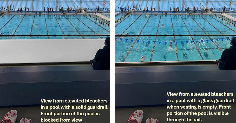 On the left, a view from an upper row of pool bleachers. A solid guardrail blocks the view of the near part of the pool.
On the right, the same view depicted with a transparent guardrail. The whole pool is visible.