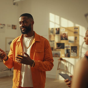 A confident Black man teaching and leading a small group in warm sunlight, symbolizing full alignment, embodied genius, and high-level personal evolution.