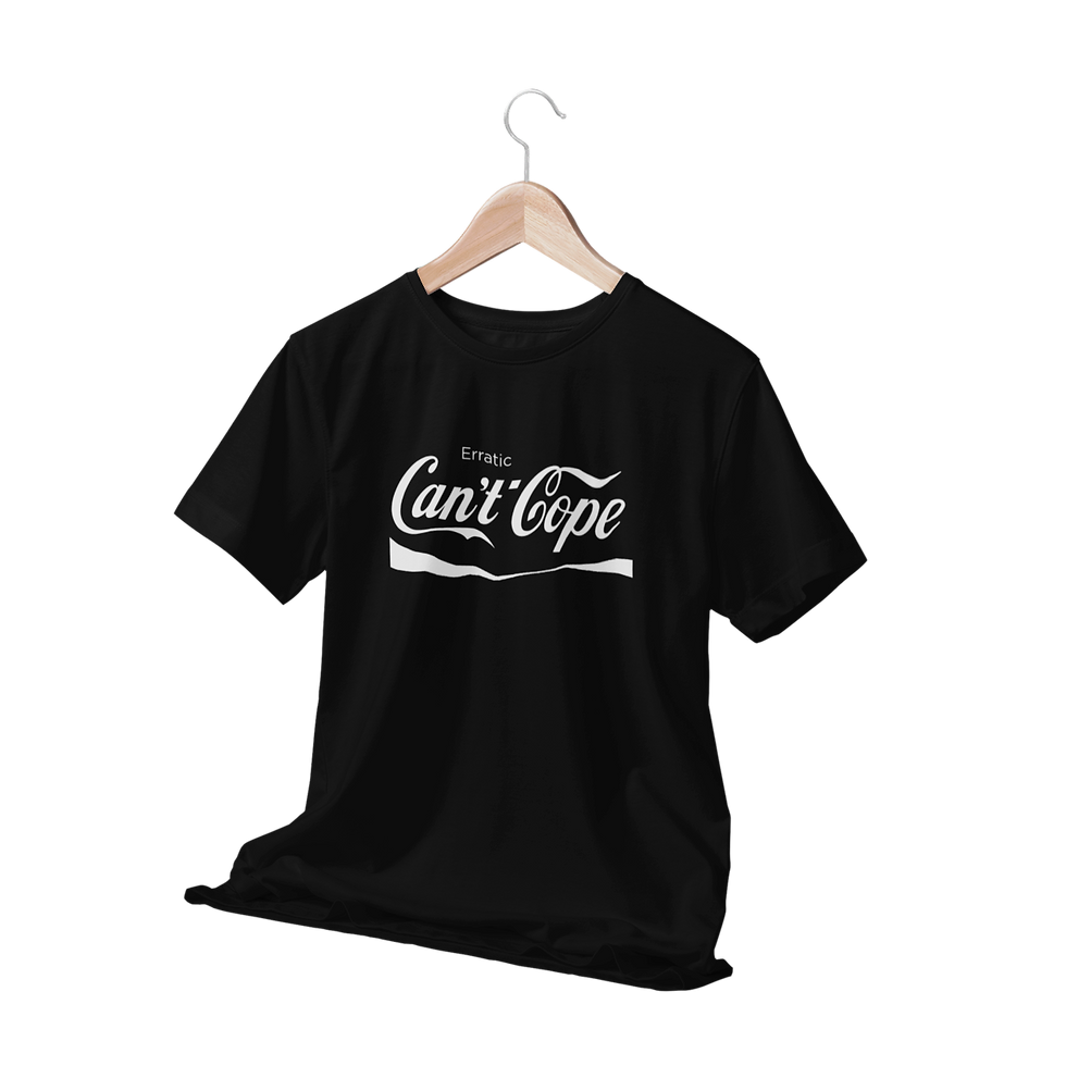 Thumbnail: Can't Cope graphic tee in black with white graphic, hanging on hanger with draped bottom.