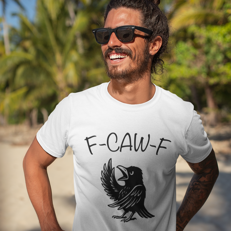 Thumbnail: Model wearing white F-CAW-F T-shirt – bold crow graphic flipping the bird.