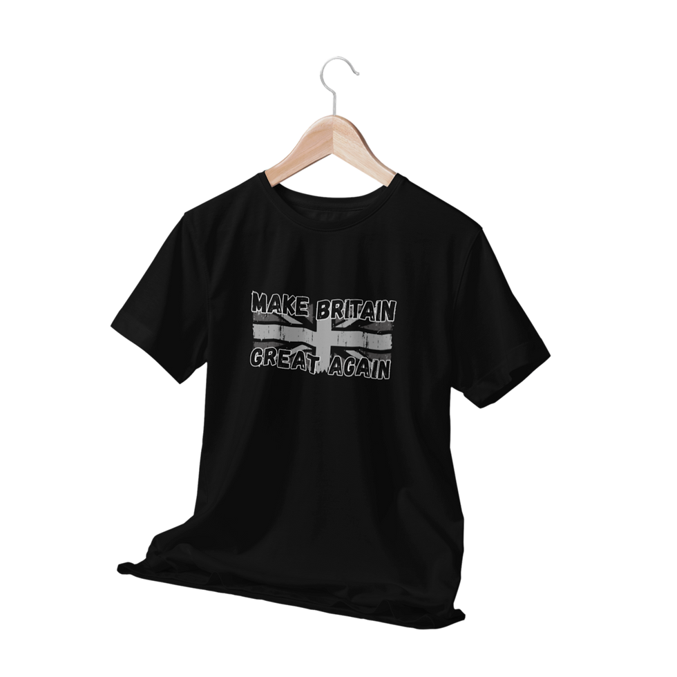 Thumbnail: Make Britain Great Again graphic tee in black, hanging on hanger with draped bottom.
