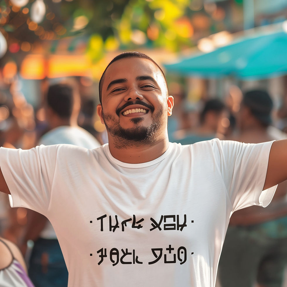 Thumbnail: Model wearing white Hidden Message – Japanese Fuck You T-shirt – cryptic lettering revealing rude hidden message.