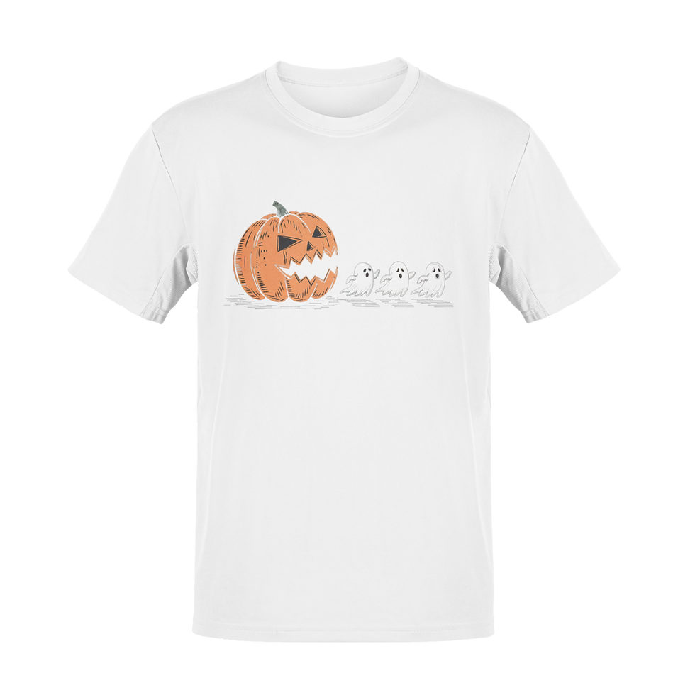 Thumbnail: Pumpkin Pac Man T-shirt in white – flat lay product image on plain background.