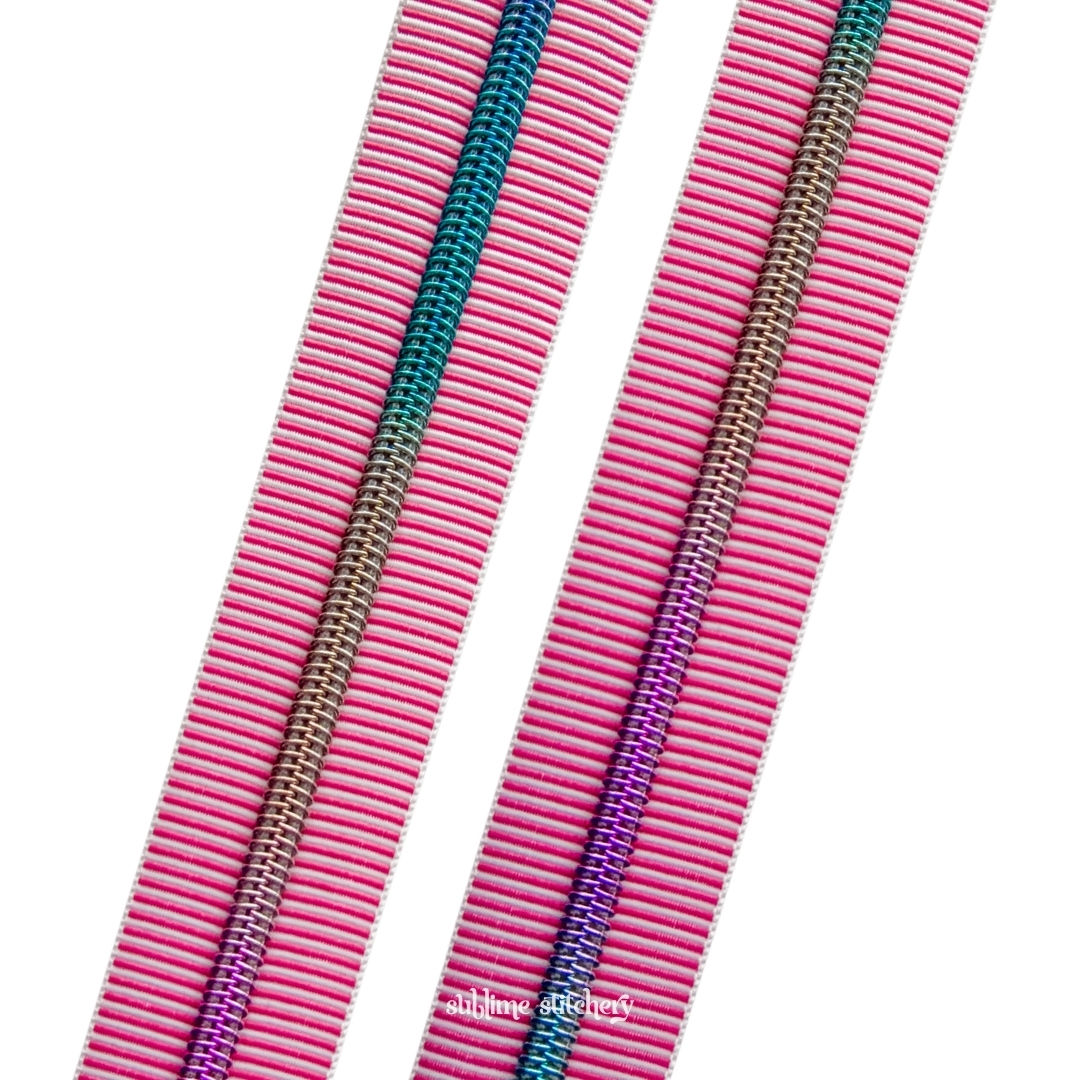Pink Stripe #5 Continuous Zipper Tape with Rainbow Nylon Coil