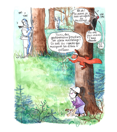 Illustration à l'aquarelle d'une scène de gestion forestière