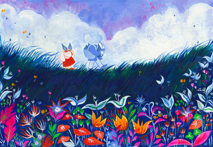 Illustration à la gouache d'un paysage fleuri avec deux personnages au centre