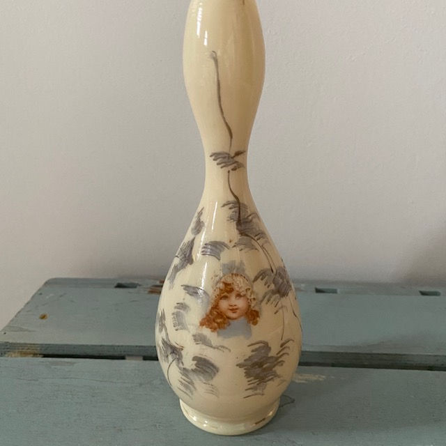 Thumbnail: Pair of Victorian cream opaline milk glass hand painted bud vases
